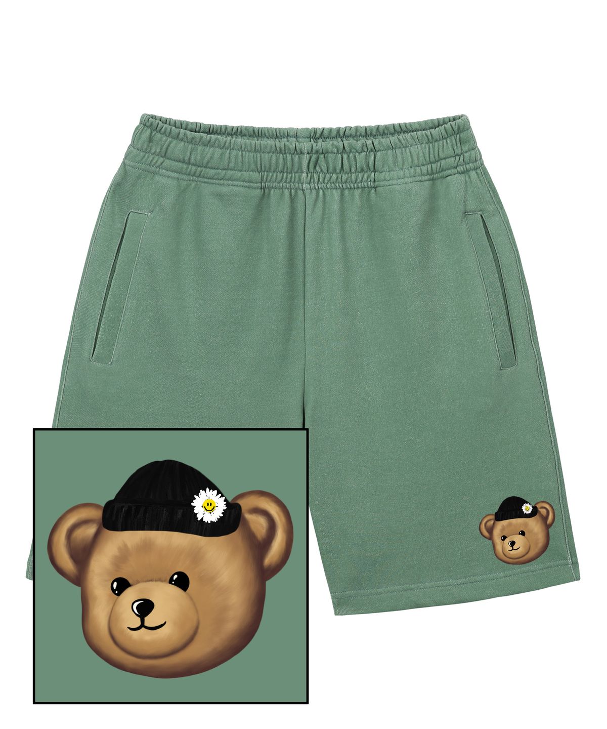 트립션(TRIPSHION) BEANIE BEAR LOGO 스웨트 하프 팬츠 - 피그먼트 그린