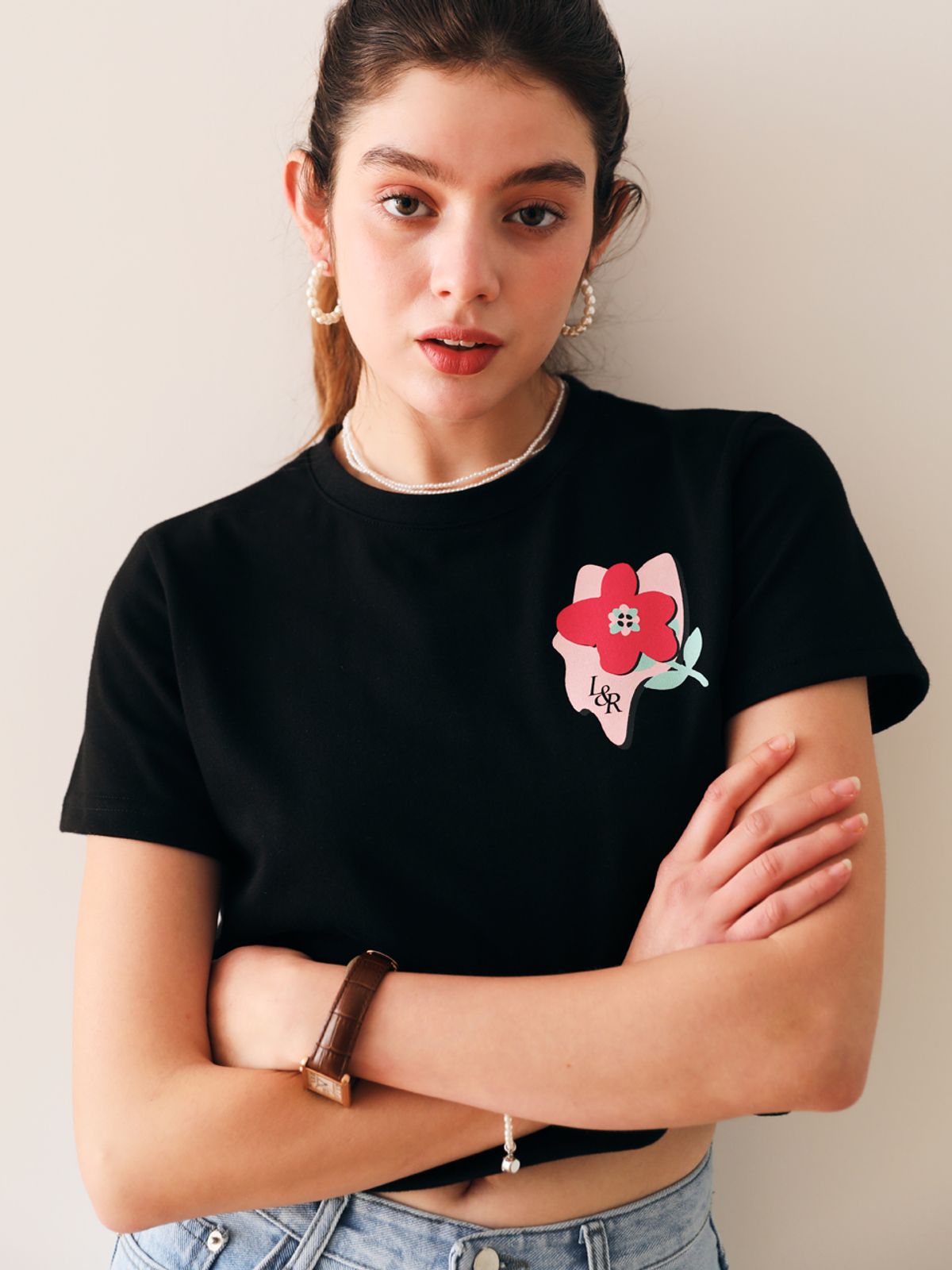 로시로우(LOSSYROW) Flower Crop Half Sleeve T-Shirt black