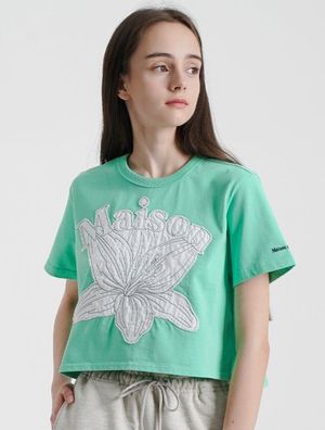 우먼즈 르 리스 자수 싱글 크롭티 그린화이트(FCC2TS429W)