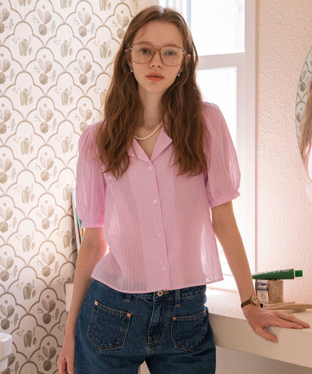 반원 아틀리에(VANONE ATELIER) A3416 Princess hole shirt_Pink stripe