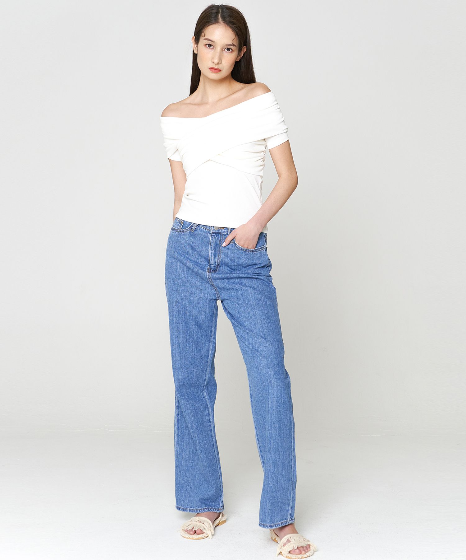 MUSINSA公式 | 320SHOWROOM Semi wide High waist Stitch Summer Denim