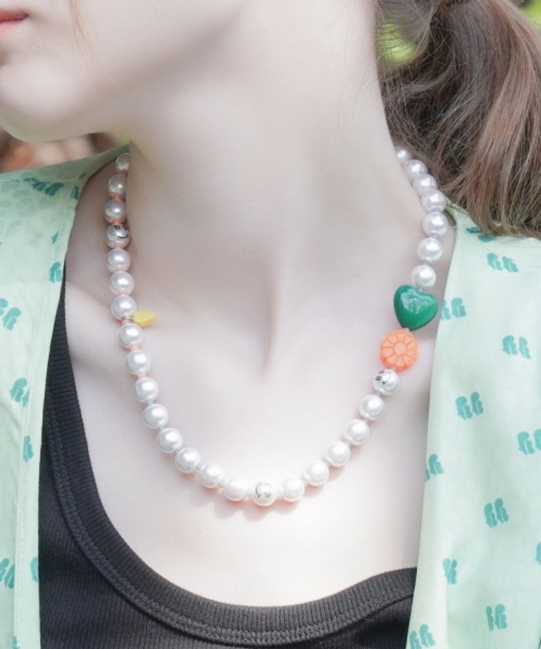 Heart daisy charm point pearl beads mix Necklace 하트 데이지 참 포인트 비즈 진주 목걸이