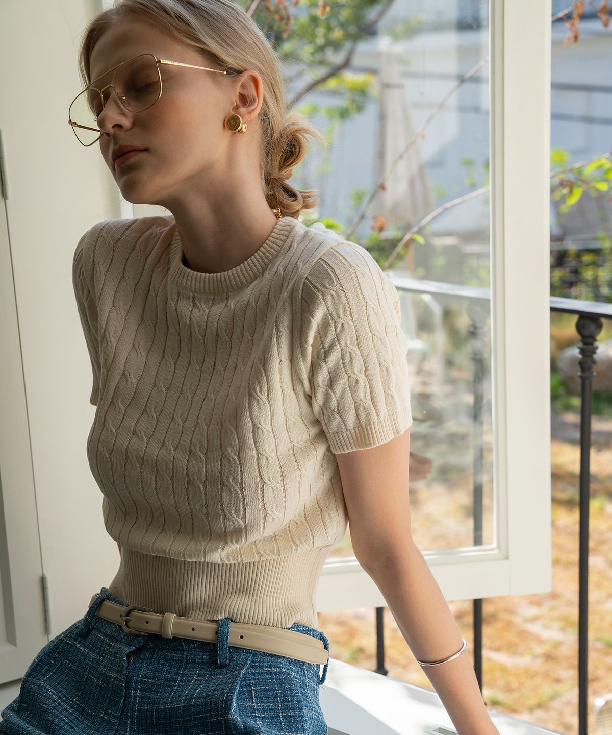 시야쥬(SIYAZU) SIKN2029 cotton crop cable knit_Oatmeal