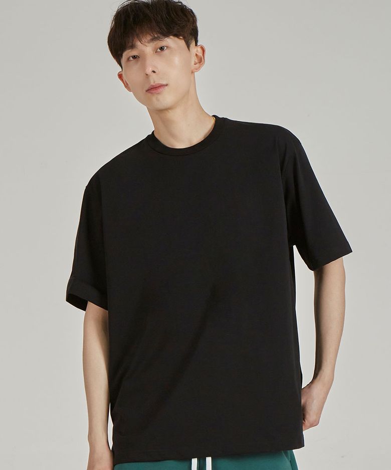 베이직 라운드 넥  40수 이중직 면 반팔 티셔츠_블랙