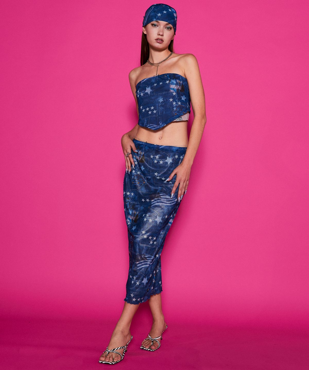 배디(BADEE) Collage Mesh Low-rise Skirt Blue