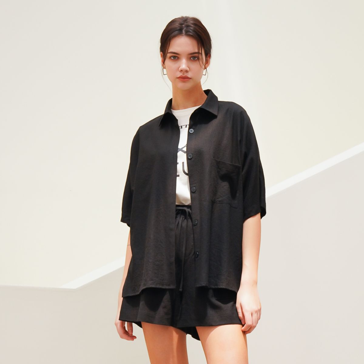 아쿠드(ACUD) Half Sleeve Linen Shirt_Black