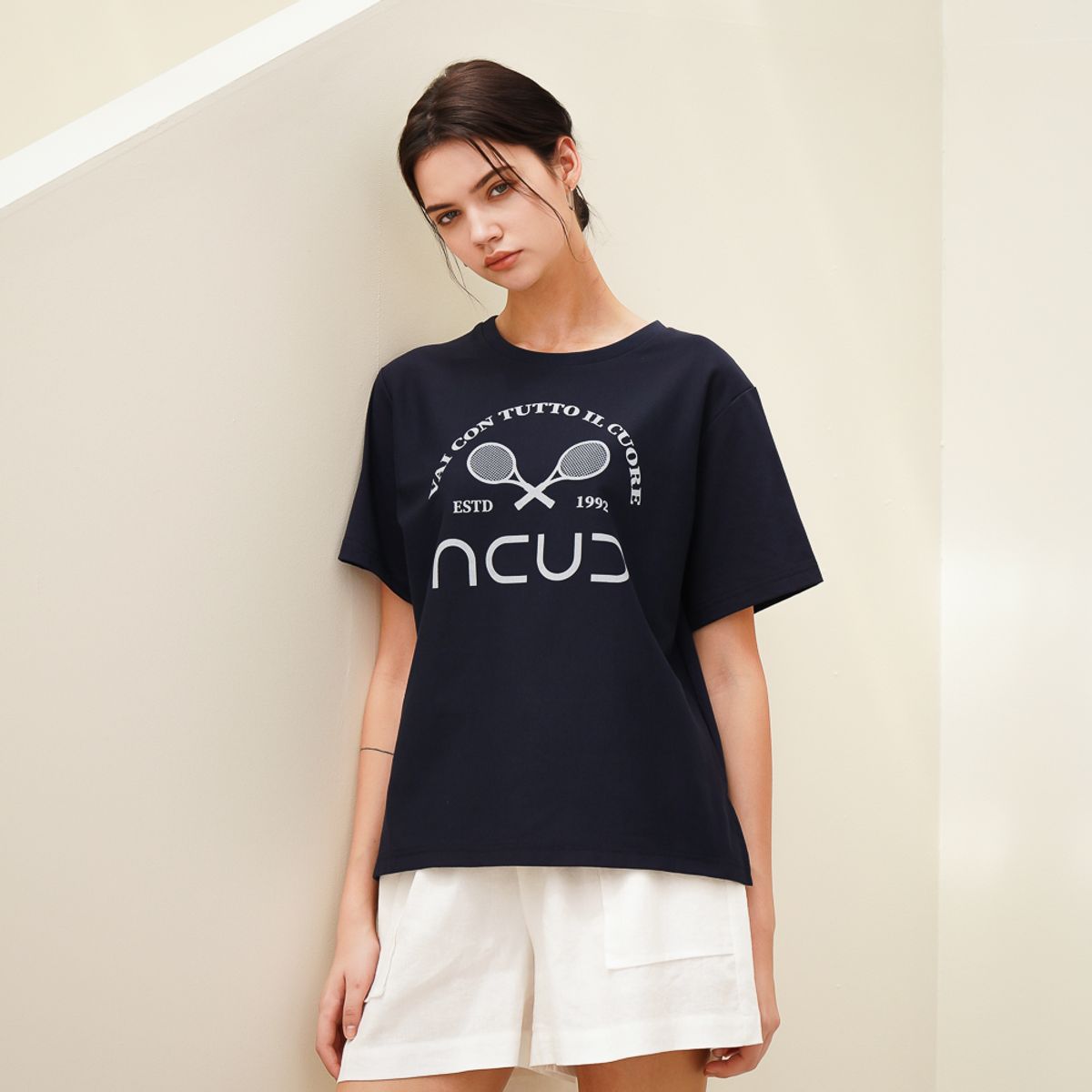 아쿠드(ACUD) Logo Printed Half Sleeve T-shirt_Navy