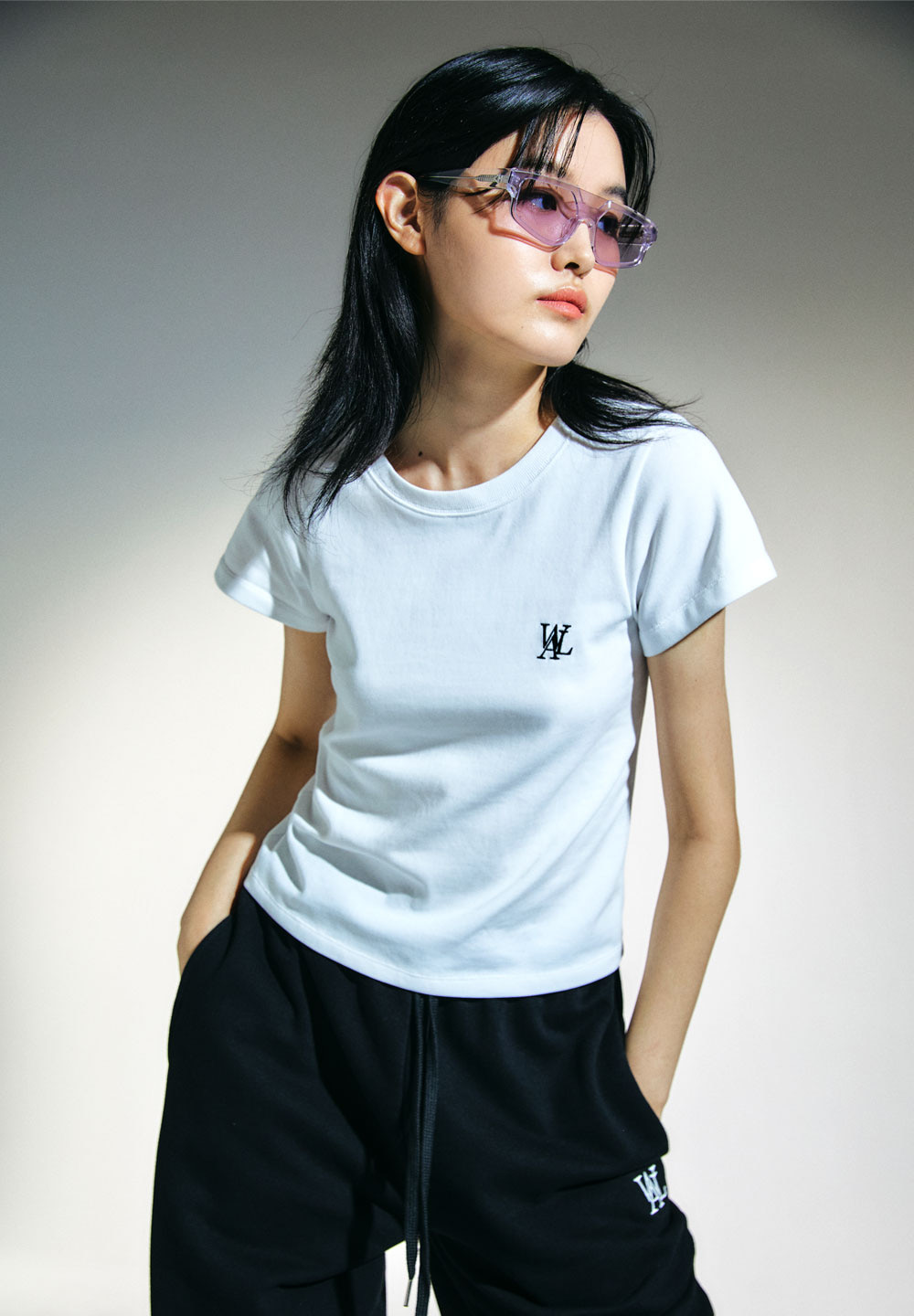 MUSINSA | WOOALONG Signature soft slim line T-shirt_WHITE