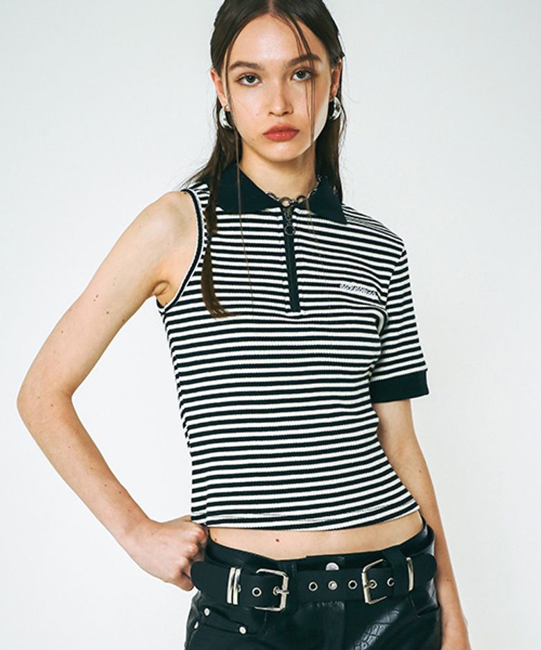 Cut-out Sleeveless Collar Zip-up (BLACK)