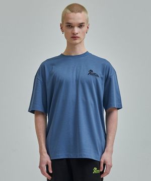 강아지 로고자수 티셔츠 블루