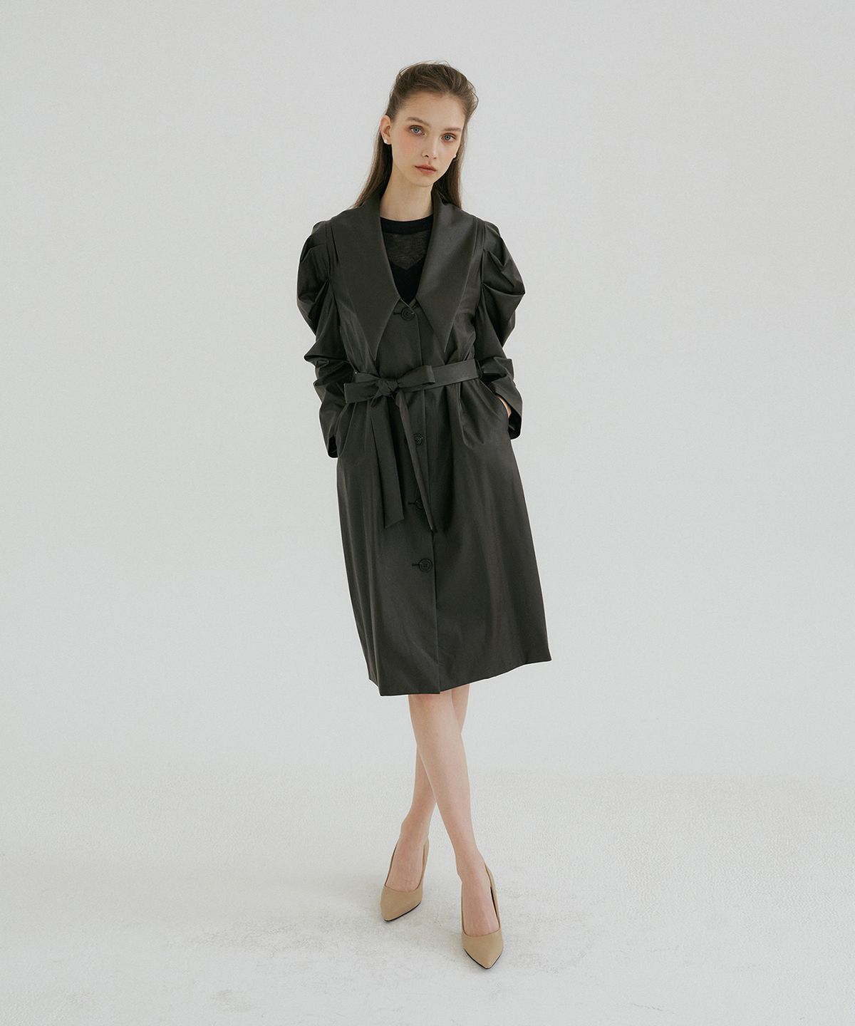 멀리온(MULLION) LEATHER BIG COLLAR PUFF JACKET - dark brown