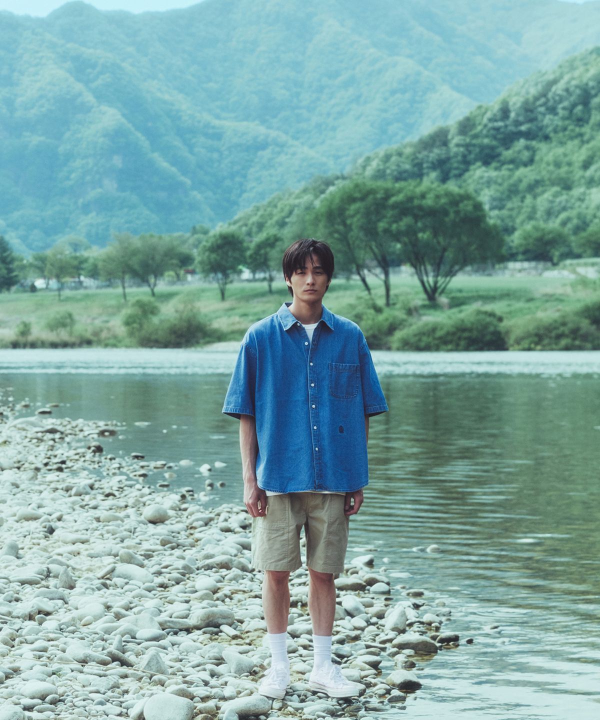 에스피오나지(ESPIONAGE) Crest Denim S/S Over Shirt Washed Indigo