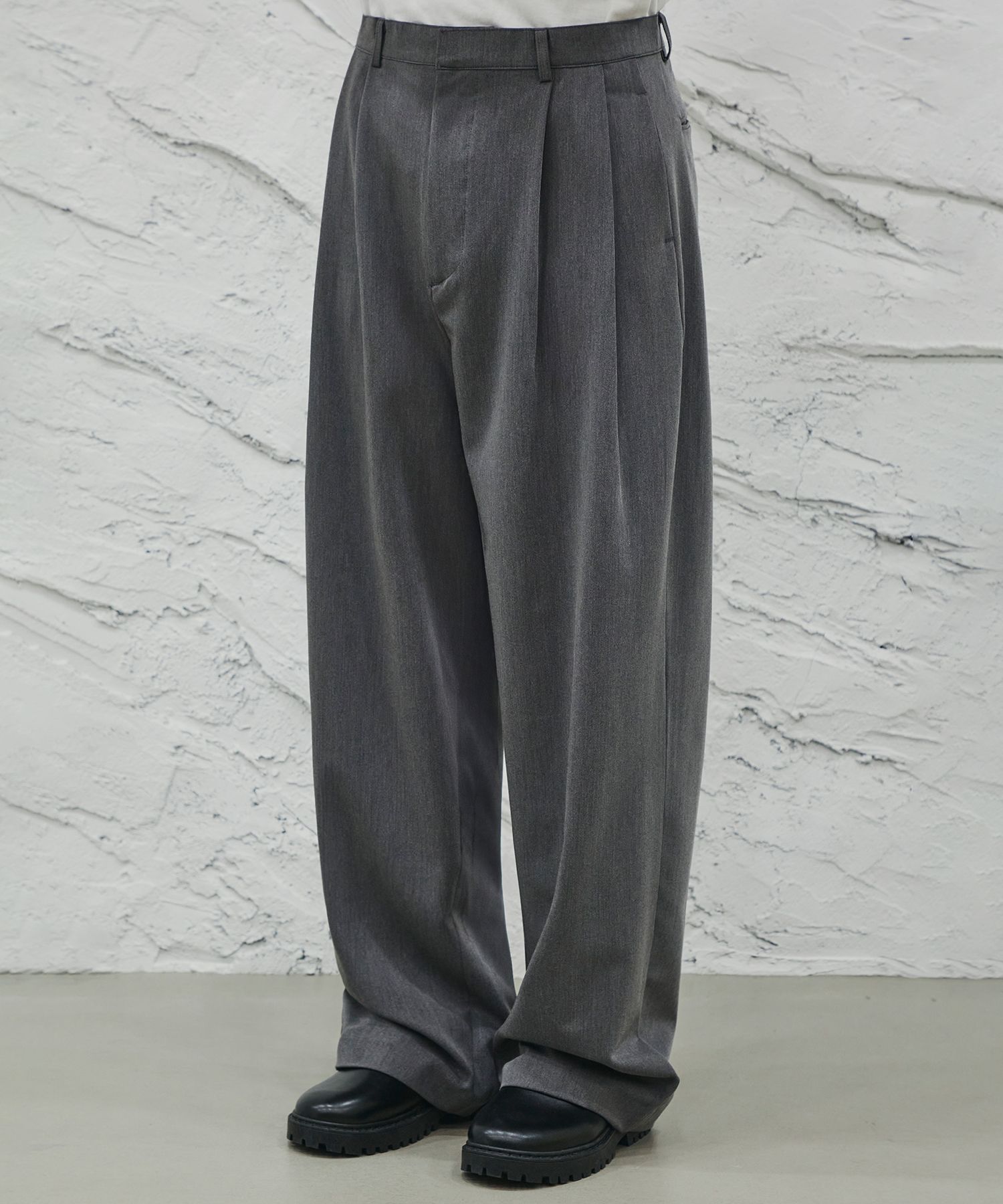 BEVAN UP wide gray slacks スラックス Mid Grey Wide Leg Straight Pants in Wool Cashmere