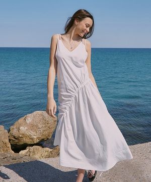 셔링 브이넥 슬리브리스 드레스 - 아이보리