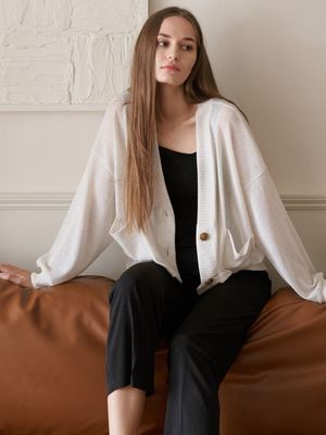 Linen Overfit Basic Knit Cardigan - Ivory