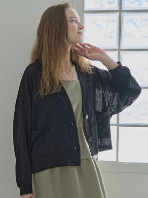 Linen Overfit Basic Knit Cardigan -Black