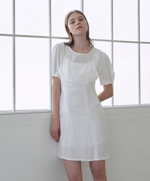 레이어드 반팔 미니 드레스 - 아이보리
