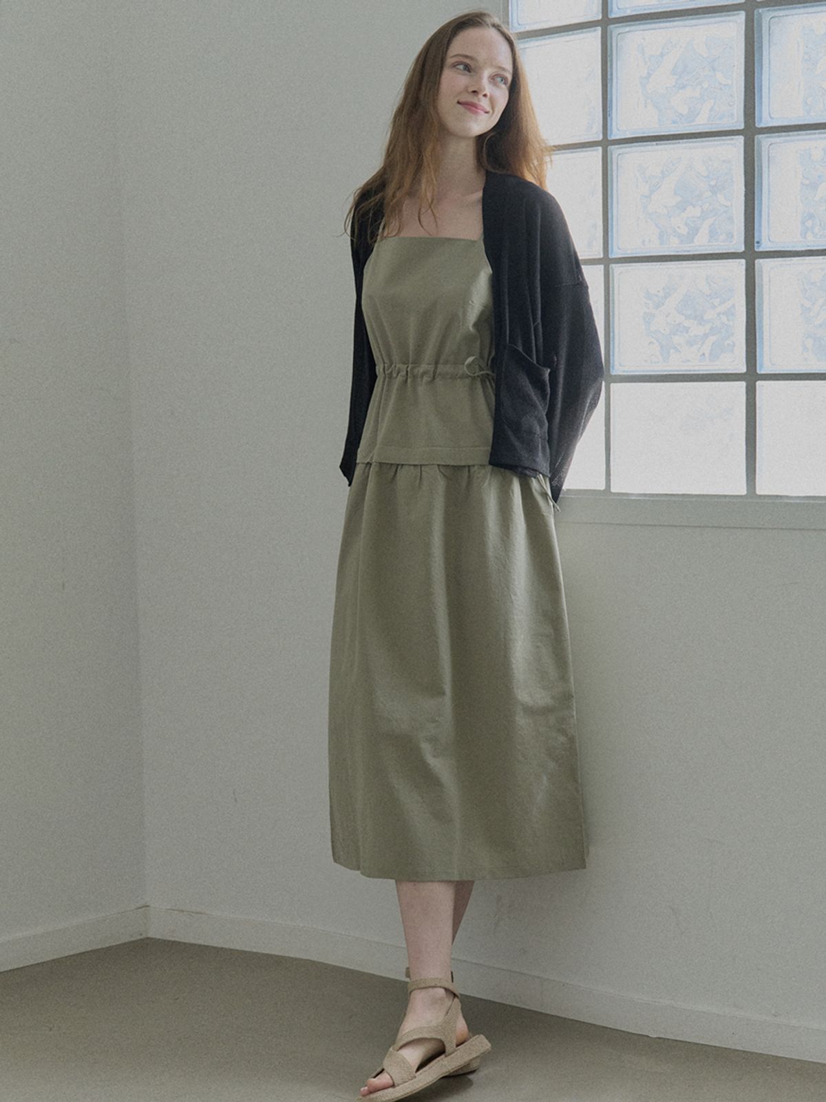 아방(AVANT-G) Cotton Washing Sleeveless Dress - Khaki