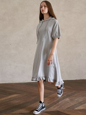 Short Sleeve Hooded Frill Dress- Grey