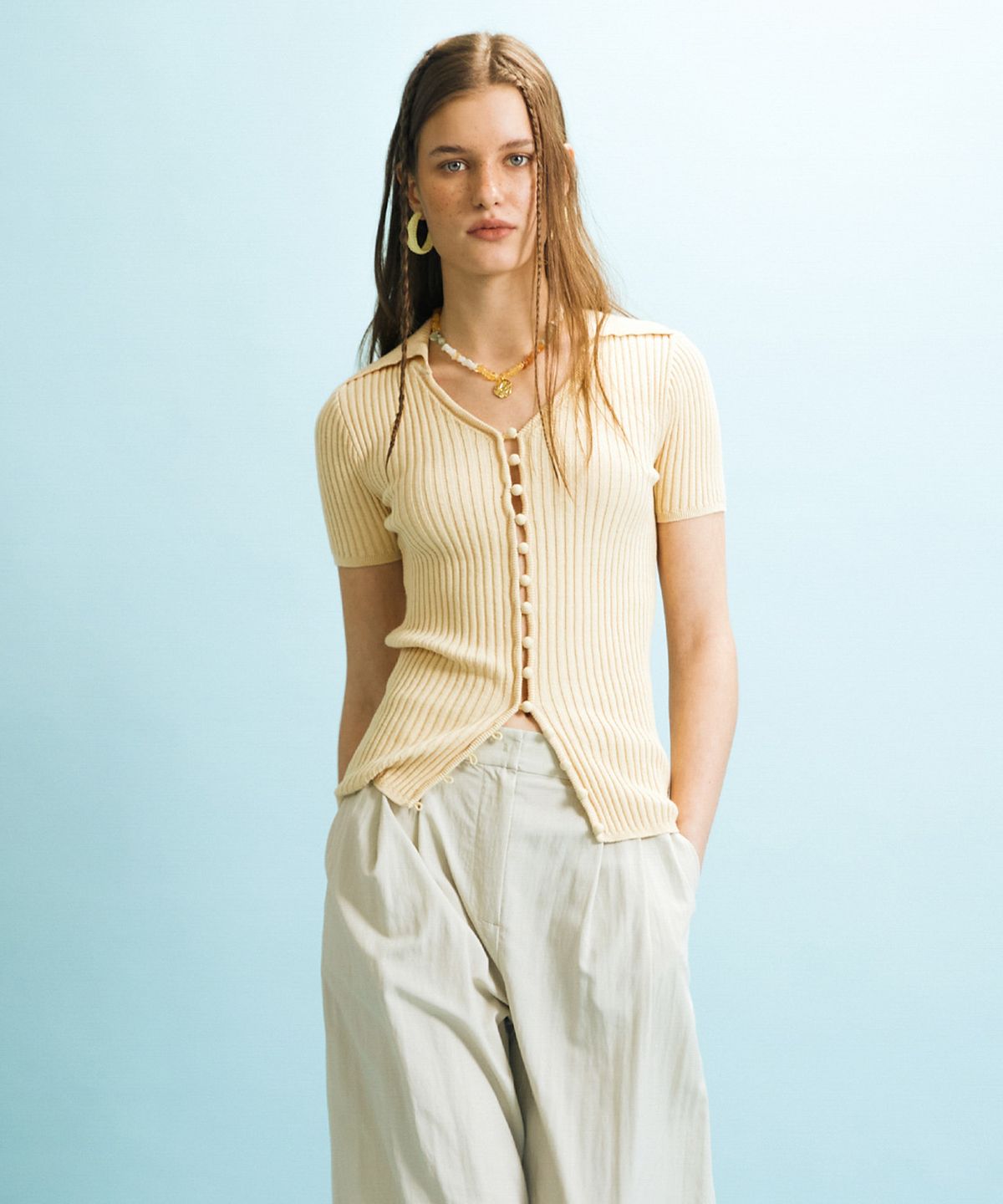 엔오르(EN OR) BUTTON SLIM CARDIGAN - YELLOW