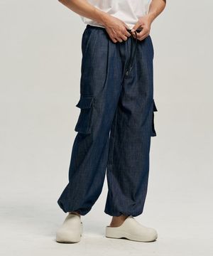 밴딩 카고 린넨라이크 데님팬츠 - 네이비