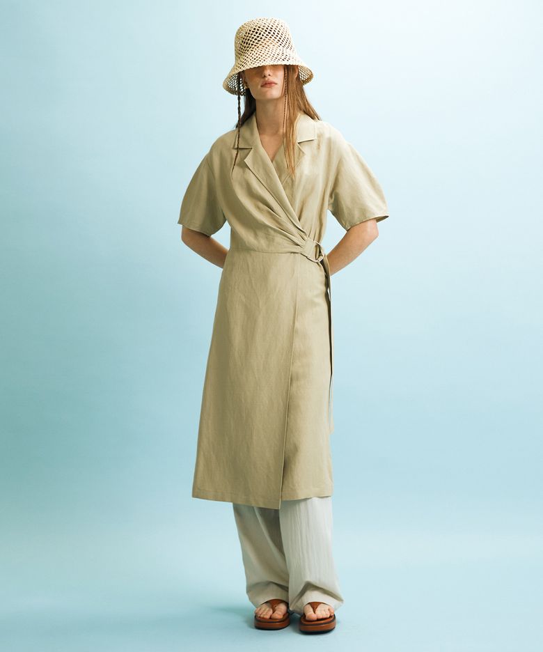 SHIRRED WRAP DRESS - KHAKI