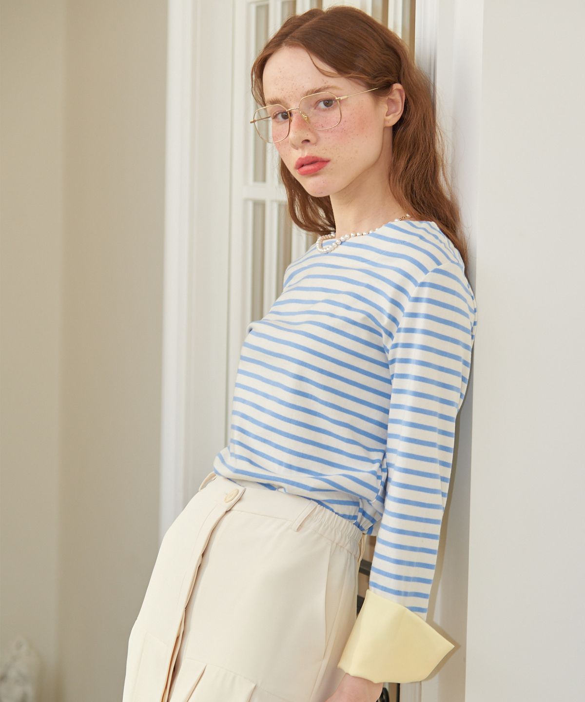 살롱 드 욘(SALON DE YOHN) Stripe Cuffs T_ Skyblue+Lemon