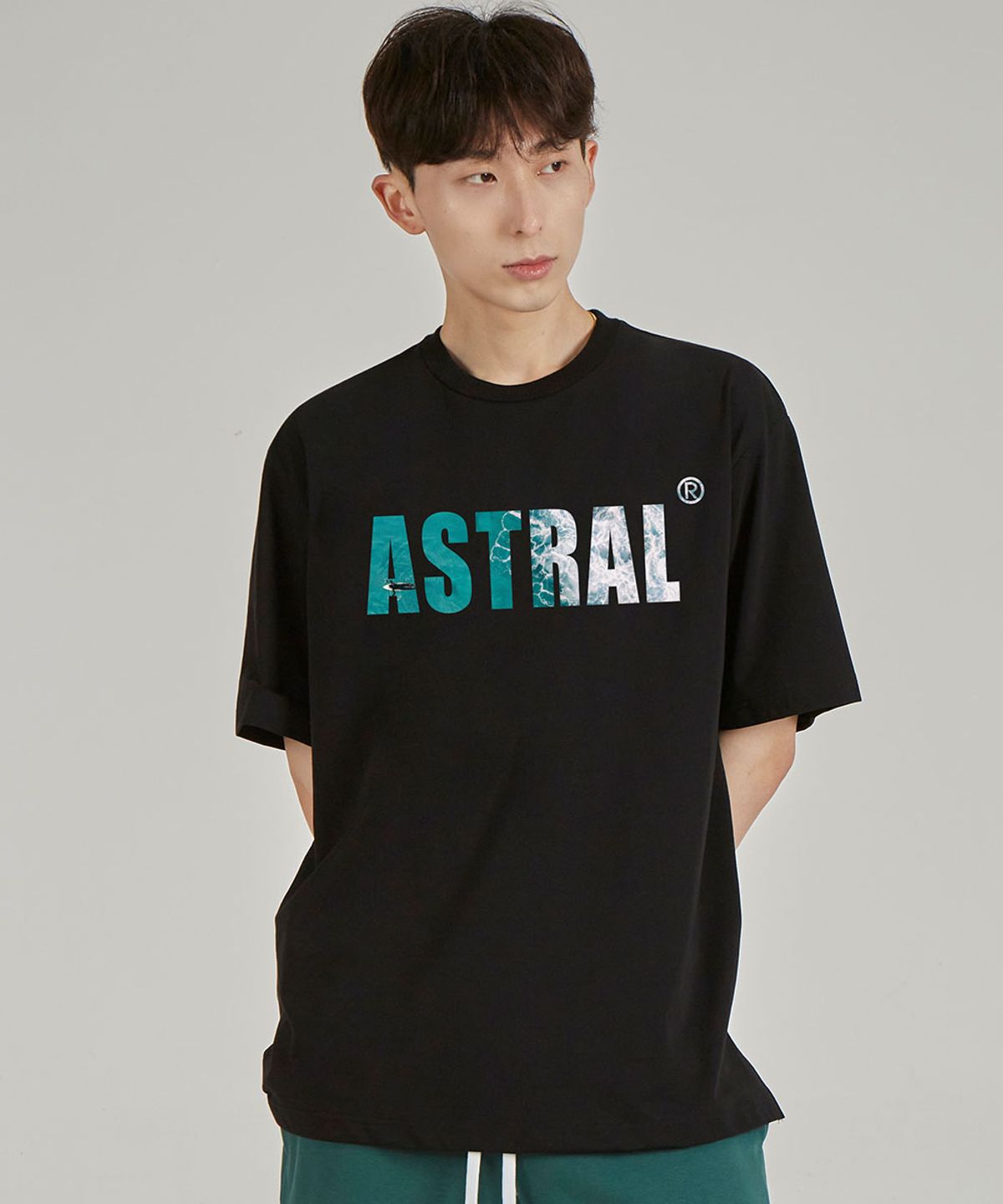 아스트랄 프로젝션(ASTRAL PROJECTION) 아스트랄 오션 레터링 라운드 넥  40수 이중직 면 반팔 티셔츠_블랙