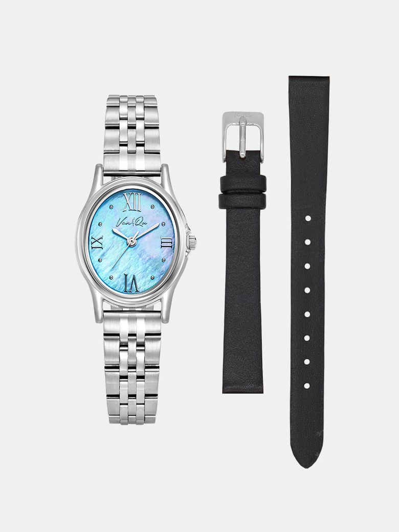 Gem-Silver/Aquamarine SET (Black leather)