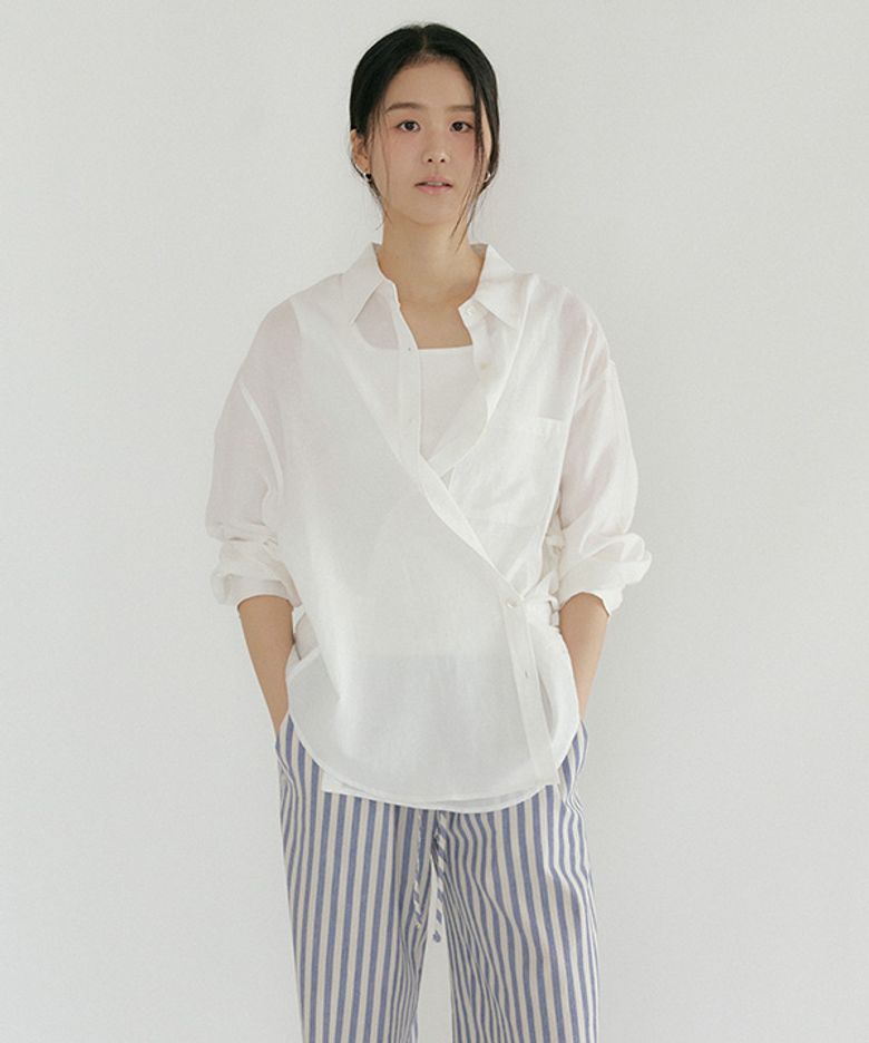 linen bamboo blended wrap shirt-white