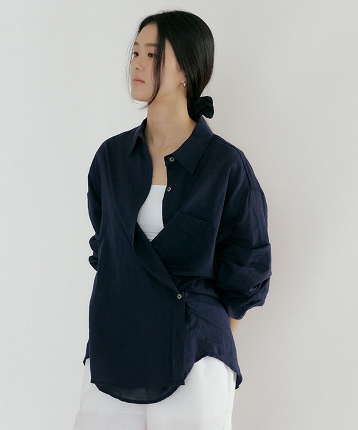 링서울(LINGSEOUL) linen bamboo blended wrap shirt-navy