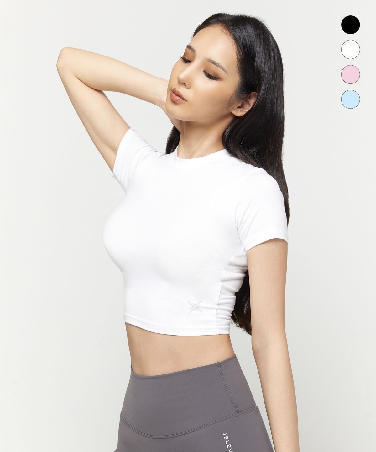 제이엘브(JELEVE) 심볼 로고 우먼 머슬핏 크롭티