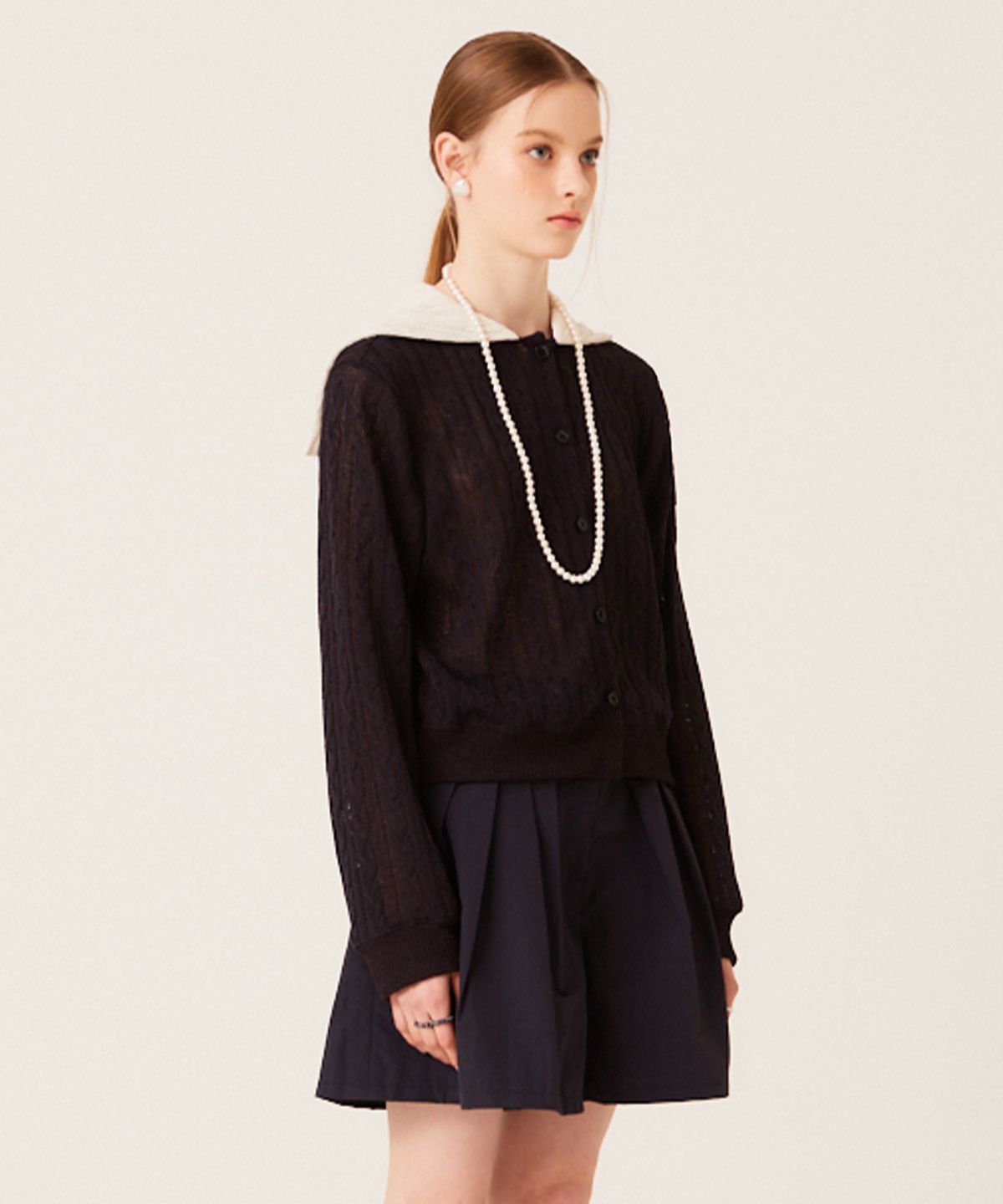 더 스튜디오 케이(THE STUDIO K) SAILOR COLLAR LINEN KNIT CARDIGAN (NAVY)