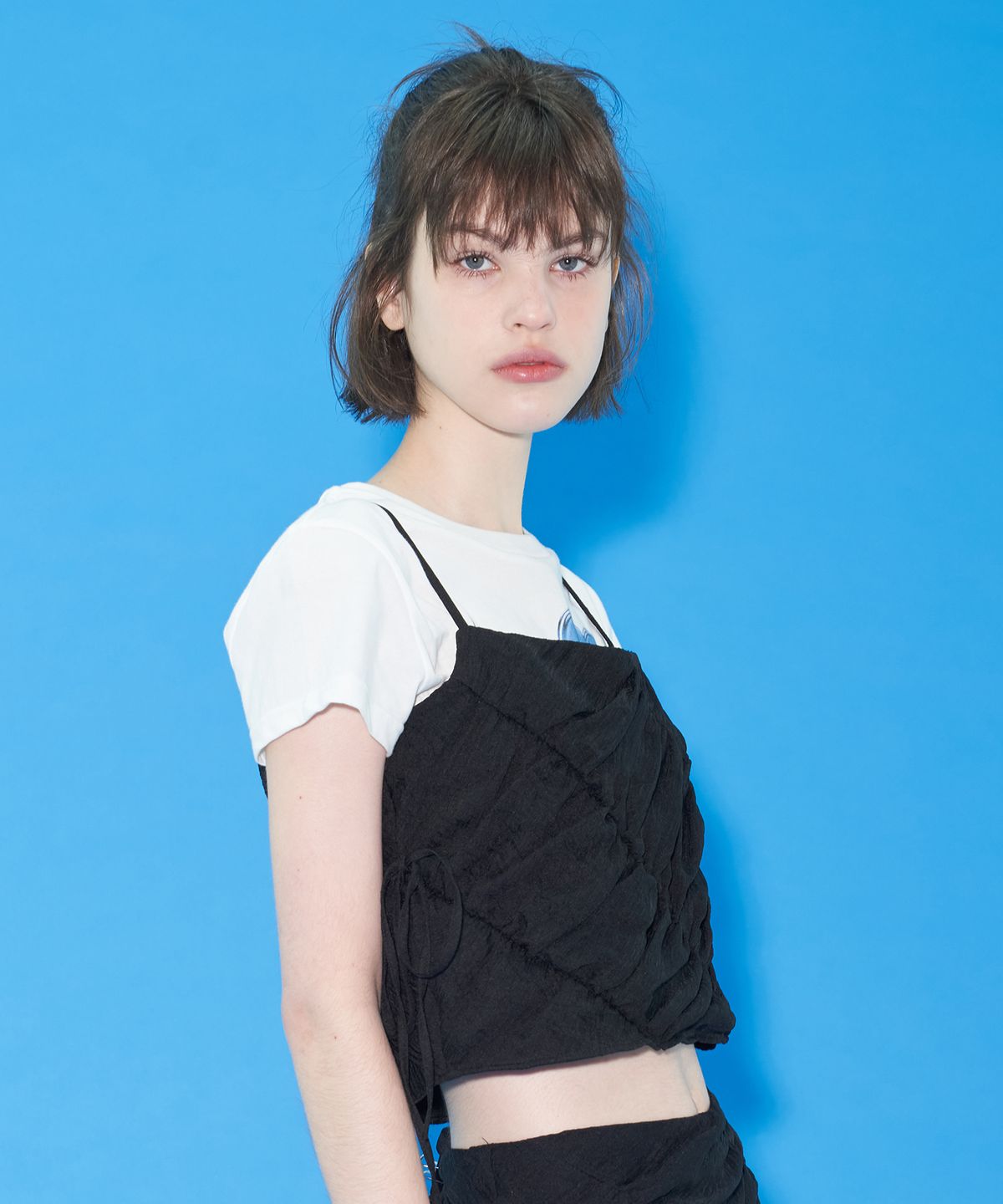 마가린핑거스(MARGARIN FINGERS) RIBBON SHIRRING TOP (BLACK)