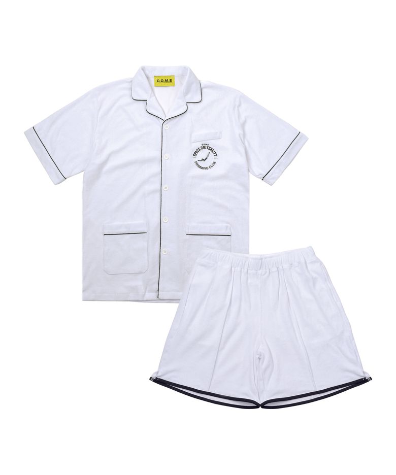 [SET] Piped Terry Short-Sleeved Shirt + Binding Terry Shorts (White)