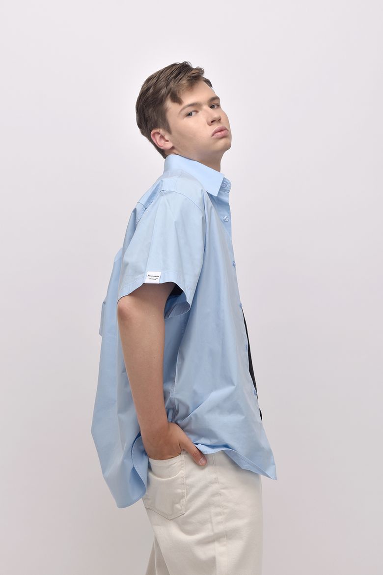 [unisex] 슬리브 포인트 히든 오버 반팔 셔츠 (스카이블루)