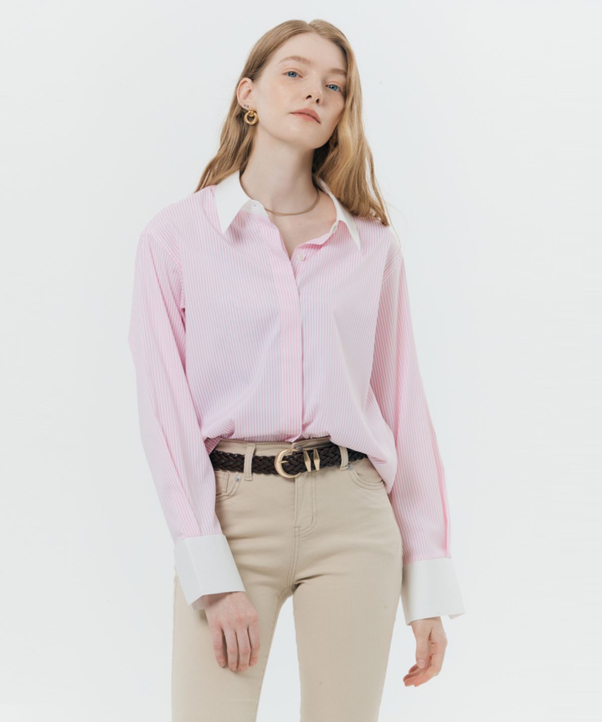실른(SILN) Hidden button cuffs detail stripe shirt (PINK STRIPE)