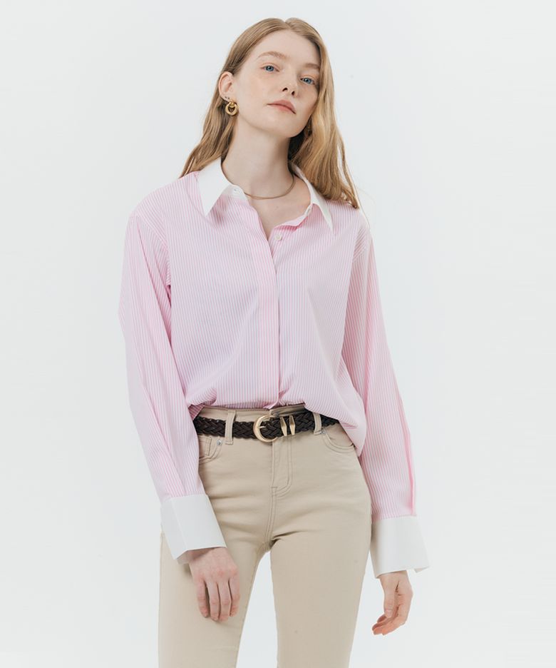 Hidden button cuffs detail stripe shirt (PINK STRIPE)