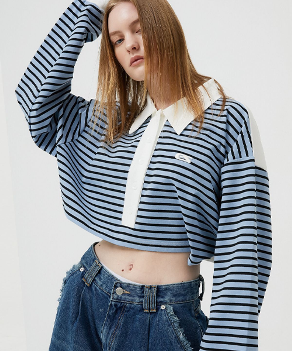 이에스씨 스튜디오(ESC STUDIO) stripe crop polor shirt (blue)