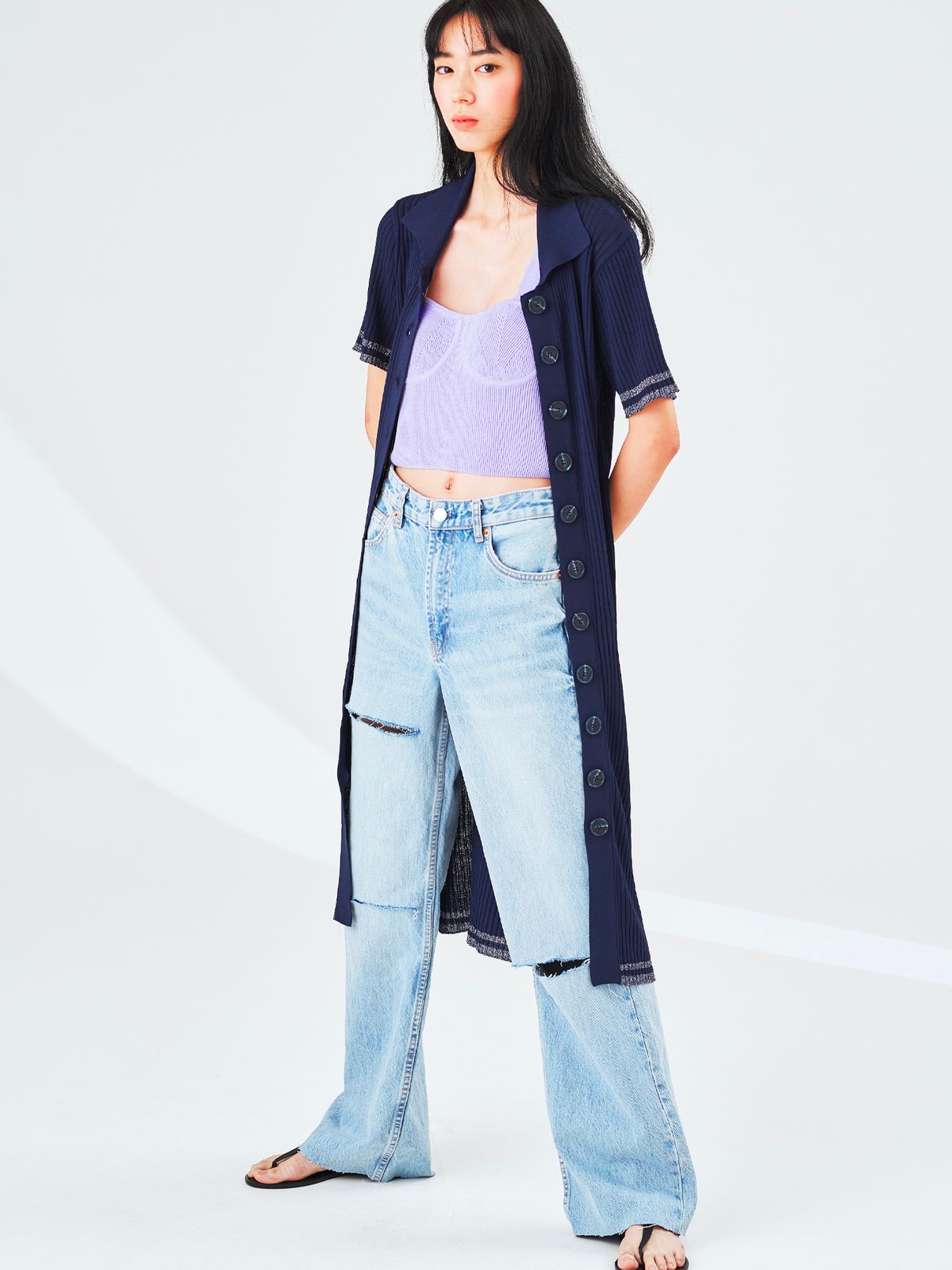 로희어패럴(ROHEE APPAREL) 메탈릭 라인 포인트 니트 가디건&원피스 / 네이비