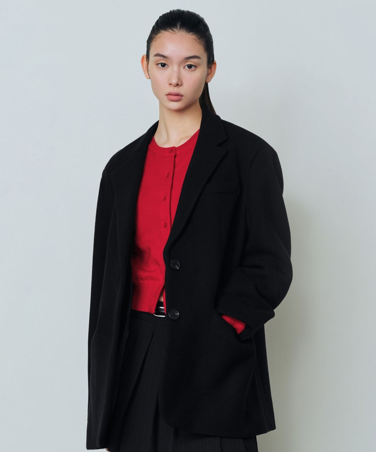 무신사 스탠다드 우먼(MUSINSA STANDARD WOMAN) 우먼즈 울 블렌드 멜톤 오버 숄더 블레이저 [블랙]