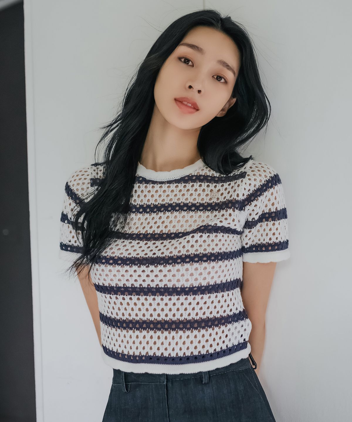 하드코어 해피니스(HARDCORE HAPPINESS) SIGNATURE STRIPE CROP KNIT_NAVY