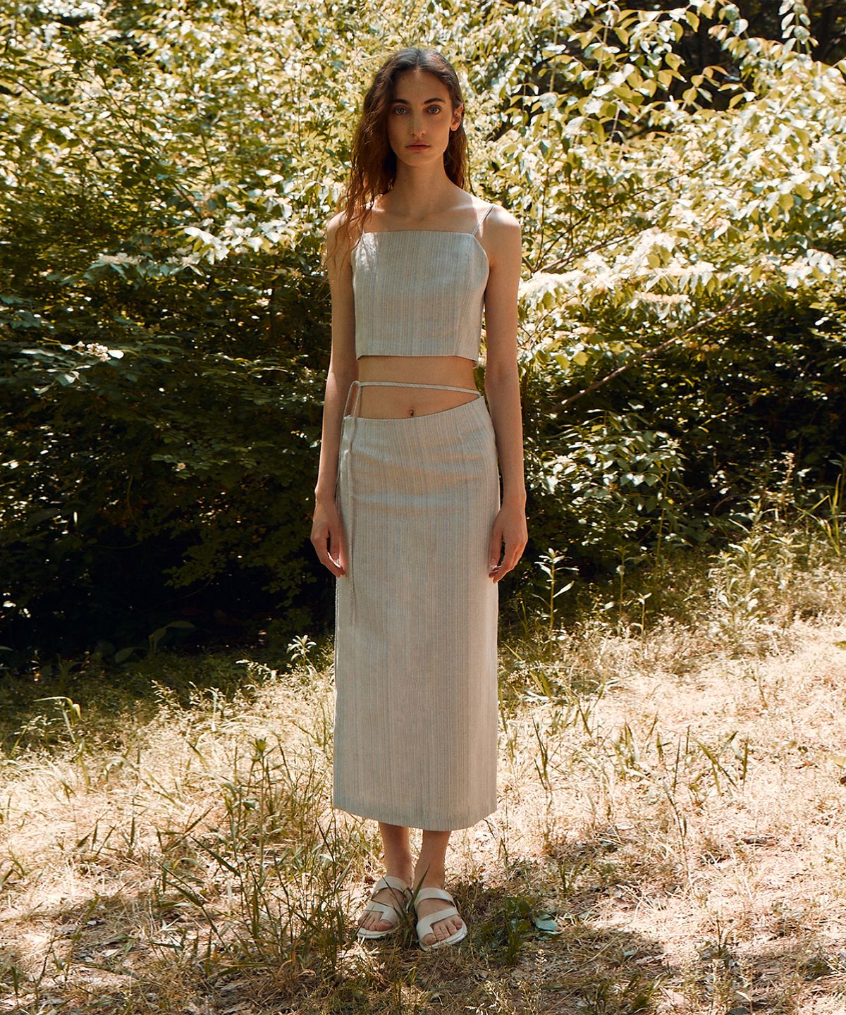 리이(RE RHEE) WAIST STRAP LINEN BLEND MIDI SKIRT