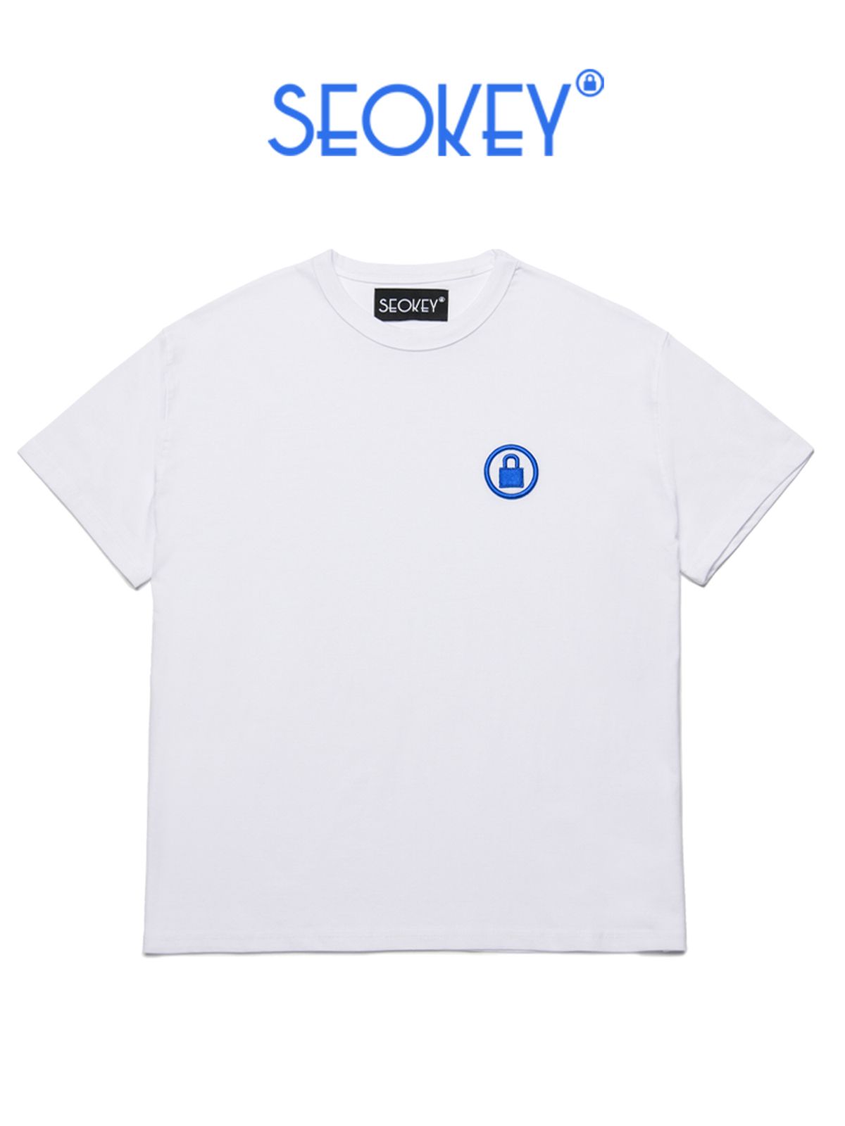 서키(SEOKEY) 패드록 시그니처 자수 반팔 티셔츠(화이트/로얄블루)(남녀공용)