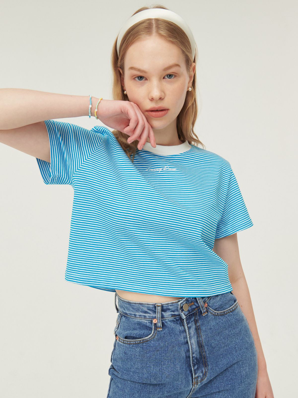 로시로우(LOSSYROW) Stripe Crop Half Sleeve T-Shirt [blue]