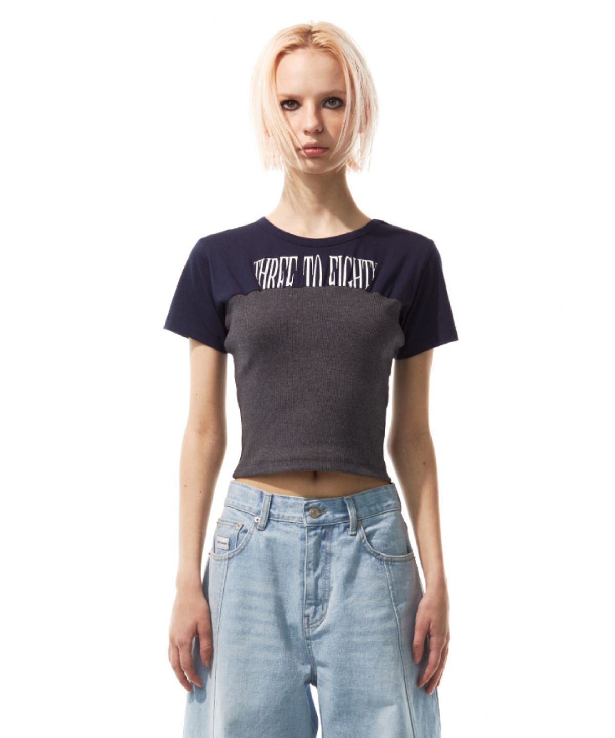 쓰리투에이티(THREE TO EIGHTY) Layered Tube Top T-shirt (Navy)