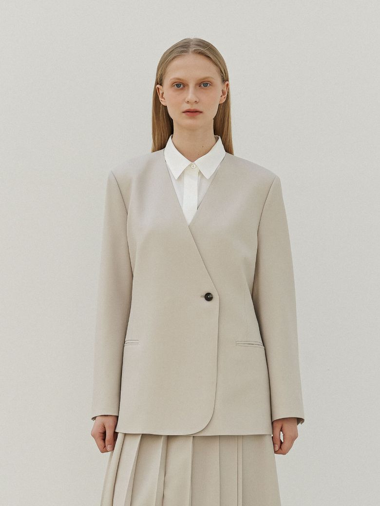 Collarless Wool Jacket_Sand Beige