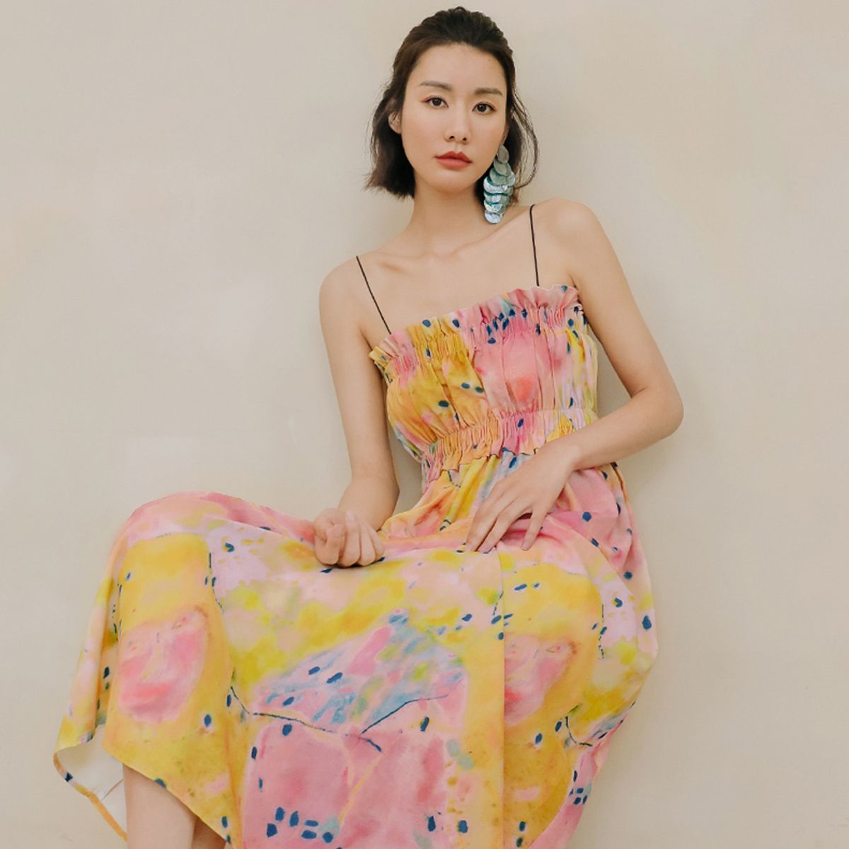 랭썬(LANGSON) LS shoulder tube top dress_orange pink