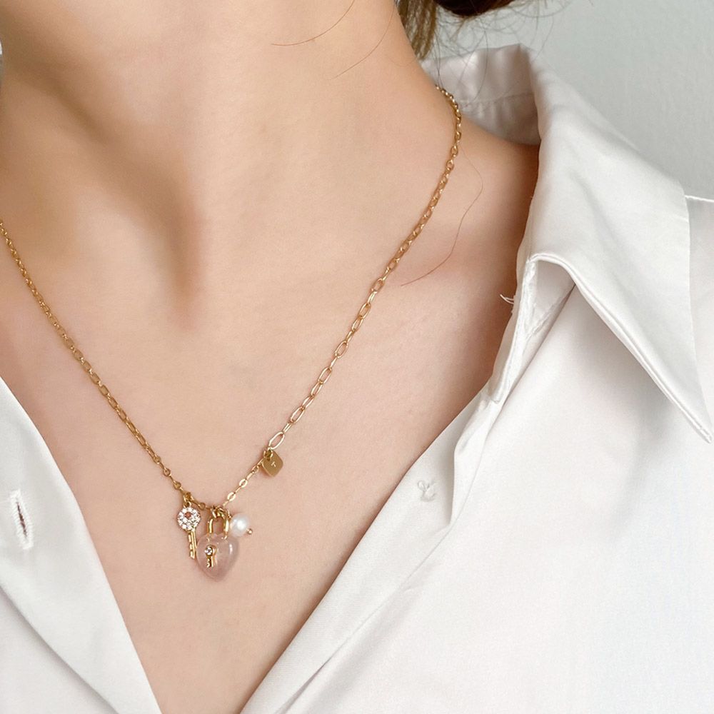 【TATIANA】Rose quartz Lock Heart Long Necklace ネックレス ☆関税込☆TATIANA☆Rose quartz Lock Heart Long Necklace