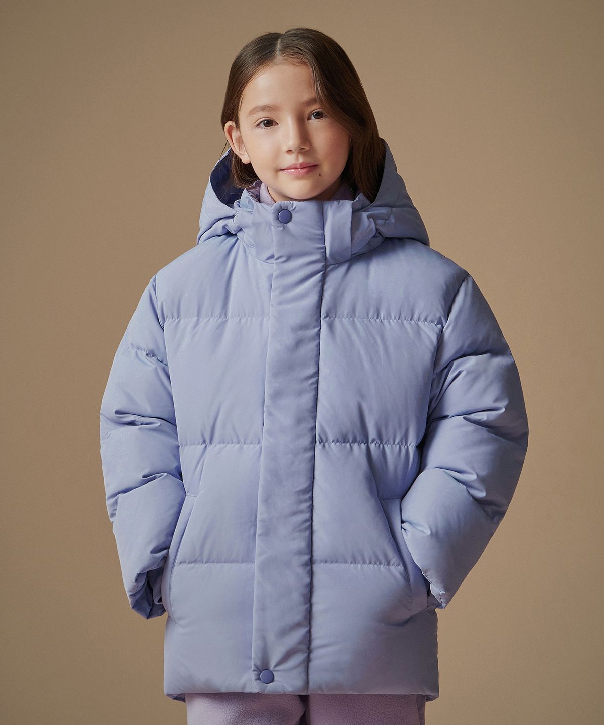 무신사 스탠다드 키즈(MUSINSA STANDARD KIDS) 후디드 다운 푸퍼 숏 패딩 재킷 [라벤더]